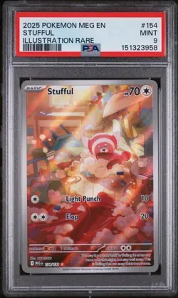 2025 Pokemon Mega Evolution #154 Stufful Illustration Rare PSA 9 Mint Card Holo - Image 1