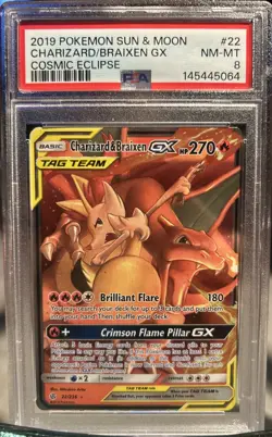 2019 POKEMON SUN & MOON CHARIZARD/BRAIXEN GX COSMIC ECLIPSE PSA 8 NM-MT - Image 1