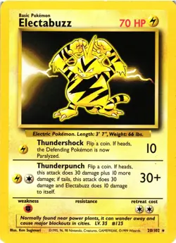 Pokemon TCG Electabuzz Base Set Unlimited Edition Non-Holo Rare 20/102 LP/MP - Image 1