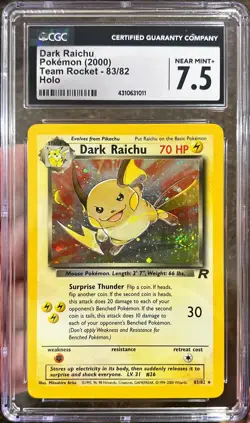 2000 Pokemon Team Rocket Dark Raichu Holo Swirl 83/82 CGC 7.5 Near Mint+ - Image 1