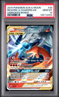 2019 POKEMON SUN & MOON UNBROKEN BONDS #20 RESHIRAM & CHARIZARD GX PSA 10 - Image 1