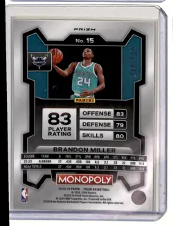 2023-24 Panini Prizm Monopoly Gold Mojo Brandon Miller RC 240/500 Charlotte - Image 2