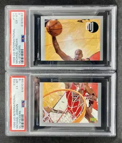 Lot (2) Michael Jordan Upper Deck UD International Stickers PSA 6 Bulls Rare - Image 1