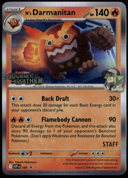 N's Darmanitan 181 SVP Staff Prerelease Journey Together Holo Pokemon LP+ - Image 1