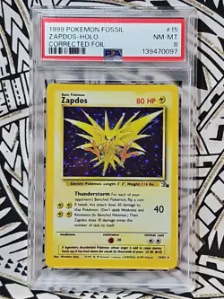1999 Pokemon Fossil Unlimited Zapdos Holo #15 15/62 Rare PSA 8 NM-MT (097) - Image 1