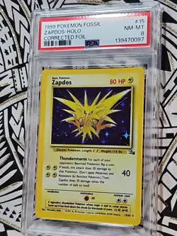 1999 Pokemon Fossil Unlimited Zapdos Holo #15 15/62 Rare PSA 8 NM-MT (097) - Image 2