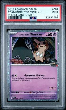 2025 POKEMON DRI EN-DESTINED RIVALS PRERELEASE-STAFF TEAM ROCKET'S MIMIKYU PSA 9 - Image 1