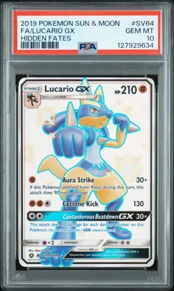 2019 POKEMON SUN & MOON HIDDEN FATES #SV64 FULL ART/LUCARIO GX PSA 10 - Image 1
