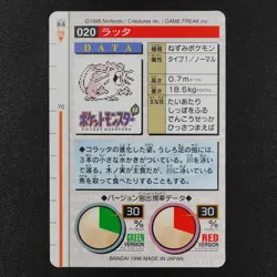 Pokemon Card Raticate 020 Bandai Carddass 1996 Red Japanese F2411 - Image 3