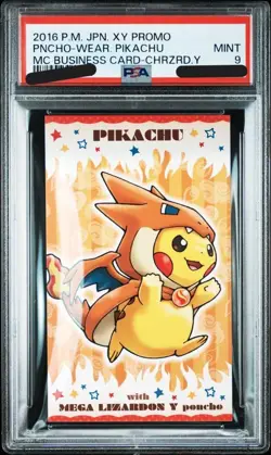 PSA9 POKEMON JAPANESE XY PROMO PONCHO WEARING PIKACHU CHARIZARD Y 2016 BUSINESS - Image 1