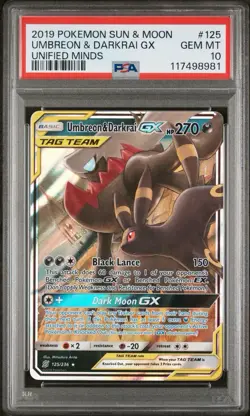 Pokemon TCG Umbreon & Darkrai GX Tag Team Unified Minds Card 125/236 PSA 10 Gem - Image 1