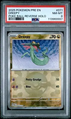 2025 Pokemon PRE EN Dreepy Poke Ball Reverse Holo #071 PSA 8 NM-MT - Image 1