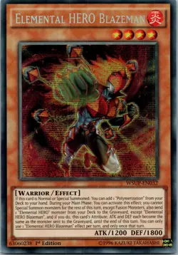 Yugioh Elemental HERO Blazeman WSUP-EN032 1st Edition Prismatic Secret Rare NM - Image 1