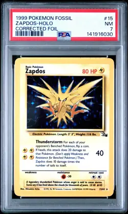 1999 POKEMON FOSSIL CORRECTED FOIL #15 ZAPDOS-HOLO PSA 7 - Image 1