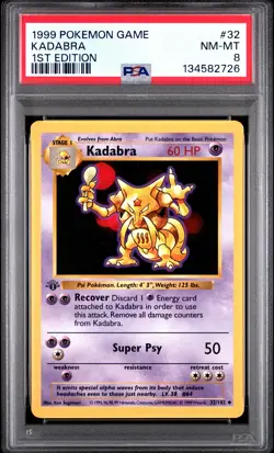1999 Pokemon Game #32 Kadabra 1st Edition Shadowless PSA 8 NM-MT - Image 1