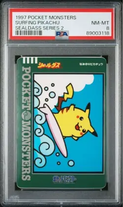 [PSA 8] 1997 Pocket Monsters Sealdass Series 2 Surfing Pikachu Pokemon Card JP - Image 1