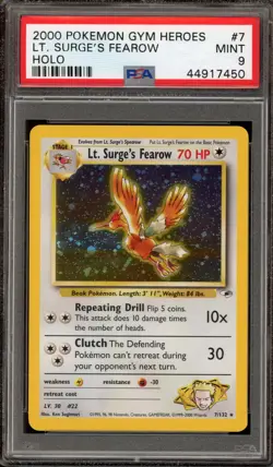 Pokemon Lt. Surge's Fearow Gym Heroes Unlimited Holo Rare #7 PSA 9 Mint - Image 1