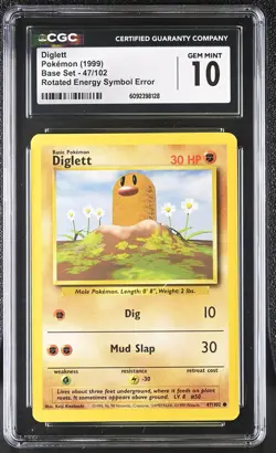 CGC 10 GEM MINT Diglett 1999 Base Set 47/102 Energy Symbol Error Pokemon Card - Image 1