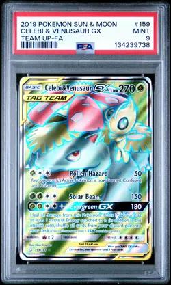 2019 POKEMON SUN & MOON TEAM UP #159 FULL ART/CELEBI & VENUSAUR GX PSA 9 - Image 1