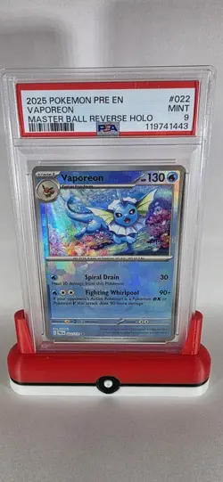 2025 Pokemon Prismatic Evolutions English Vaporeon Master Ball Reverse Holo PSA9 - Image 1