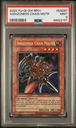Yugioh PSA 9 Amazoness Chain Master RP01-EN097 Secret Rare 2024 Reprint - Image 1