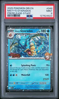 2025 POKEMON DRI EN-DESTINED RIVALS PRERELEASE-STAFF #049 MISTY'S GYARADOS PSA 9 - Image 1