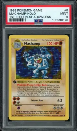 1999 Pokemon Base Set Shadowless 1st Edition Holo Machamp #8 PSA 9 MINT - Image 1