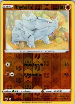 Pokemon TCG Rhyhorn Sword & Shield Base Set 096/202 Reverse Holo Common Card NM - Image 1