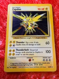 Pokemon TCG Zapdos 016/102 Base Set Holo Unlimited - MP - Image 2