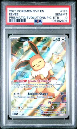 PSA 10 EEVEE SVP 173 POKEMON CENTER ETB PROMO PRISMATIC EVOLUTIONS 2025 ART RARE - Image 2