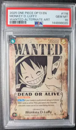 MONKEY D. LUFFY - WANTED ALTERNATE ART - OP13-118 - PSA 10 - 2025 - ENGLISH - Image 1