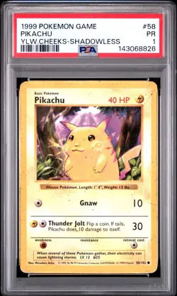 PSA 1 Pikachu Yellow Cheeks Shadowless Base Set #58 1999 Pokemon WoTC PR - Image 1