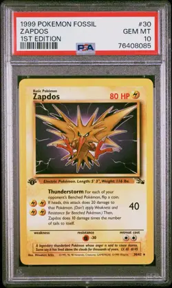 1999 POKEMON FOSSIL 1ST EDITION #30 ZAPDOS PSA 10 - Image 1