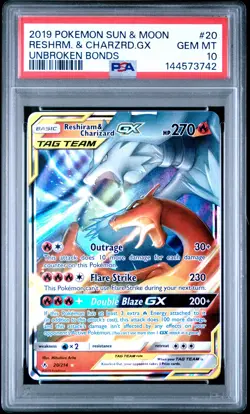 2019 POKEMON SUN & MOON UNBROKEN BONDS #20 RESHIRAM & CHARIZARD GX PSA 10 - Image 1
