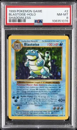 1999 POKEMON GAME SHADOWLESS #2 BLASTOISE-HOLO PSA 8 - Image 1