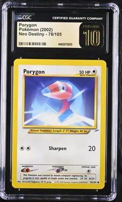 CGC 10 Pristine Porygon 78/105 Neo Destiny 2002 Pokemon Card - Image 1