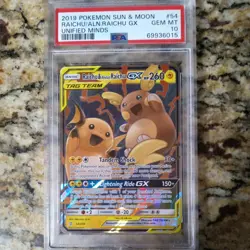 2019 POKEMON SUN & MOON UNIFIED MINDS #54 RAICHU & ALOLAN RAICHU GX PSA 10 - Image 1