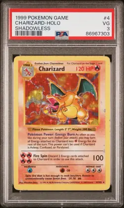 1999 POKEMON BASE SET SHADOWLESS #4 CHARIZARD-HOLO PSA 3 - Image 1