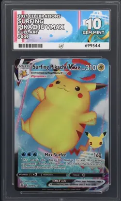 Pokemon TCG Surfing Pikachu VMAX Celebrations 009/025 Ace 10 Perfect Subgrades - Image 1