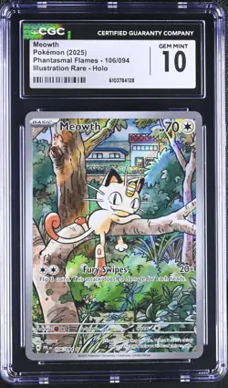 Pokemon TCG Meowth Illustration Rare Phantasmal Flames 106/094 Gem Mint CGC 10 - Image 1