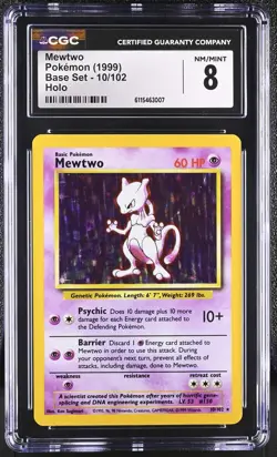1999 Pokemon Mewtwo Holo Base Set 10/102 Near Mint CGC 8 - Image 1