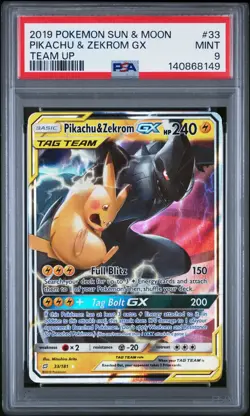2019 POKEMON SUN & MOON TEAM UP #33 PIKACHU & ZEKROM GX PSA 9 - Image 1