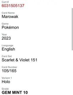 Pokemon 2023 Scarlet & Violet 151 105/165 Marowak Holo CGC Gem Mint 10 - Image 3