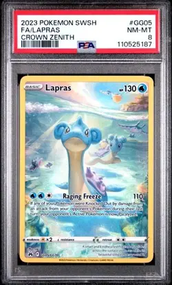 2023 POKEMON SWORD & SHIELD CROWN ZENITH GG05 FULL ART LAPRAS - PSA 8 - Image 1