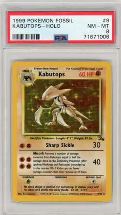 1999 POKEMON FOSSIL KABUTOPS #9 HOLO PSA 8! - Image 1