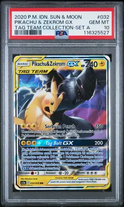 PSA 10 Gem Mint Pikachu & Zekrom GX 032 Full Art Tag Team Indonesian Pokemon - Image 1