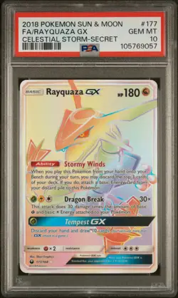 2018 POKEMON SUN & MOON CELESTIAL STORM SECRET #177 FULL ART/RAYQUAZA GX PSA 10 - Image 1