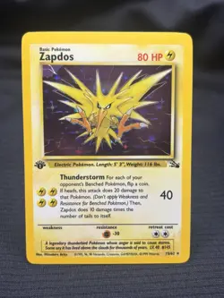 1999 Pokemon TCG Zapdos Fossil Holo Card 15/62 1st Edition Rare - Image 1