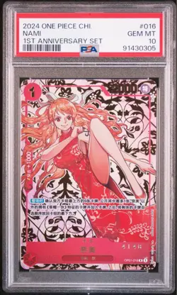 One Piece Card Game Nami Red R Chinese 1st Anniversary Edition PSA10 - Image 1