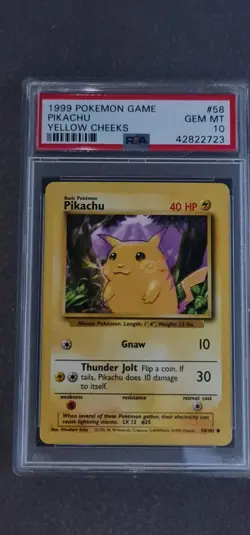 Pokemon Card Pikachu (Yellow Cheeks) 58/102 Base Set 1999 - PSA 10 Graded - Image 1